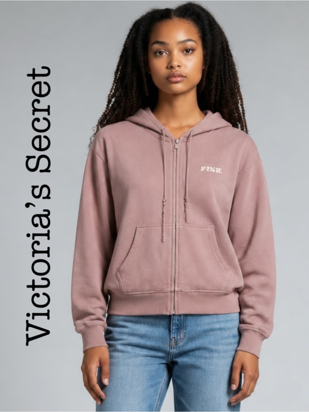 New Victoria's Secret PINK Dusty Mauve Zip Hoodie Size Large